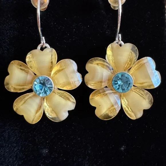 Elegant Yellow and Blue Flower Earrings - Picture 1 of 3